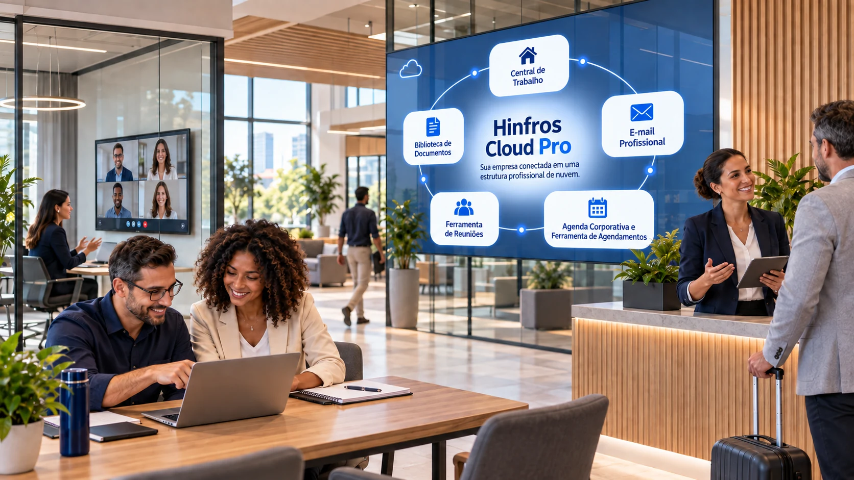 Cena ilustrativa: equipe em ambiente corporativo com a visão geral do Hinfros Cloud Pro na tela, ligando Central de Trabalho, Biblioteca de Documentos, E-mail Profissional, Ferramenta de Reuniões e Agenda